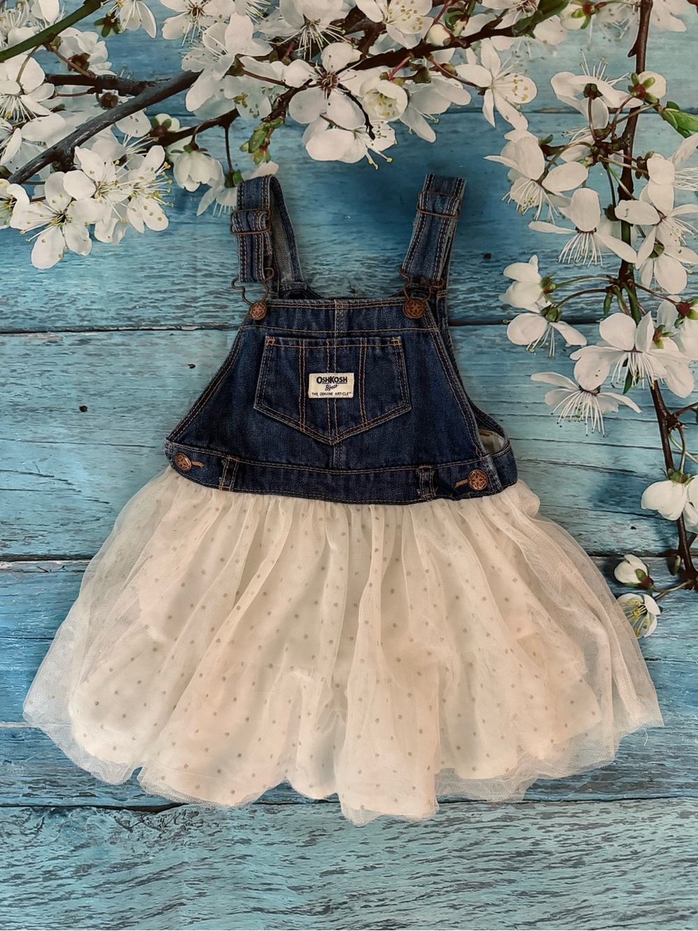 Retro OshKosh B'gosh Denim Bib & Ivory Tulle Overall Dress for Kids